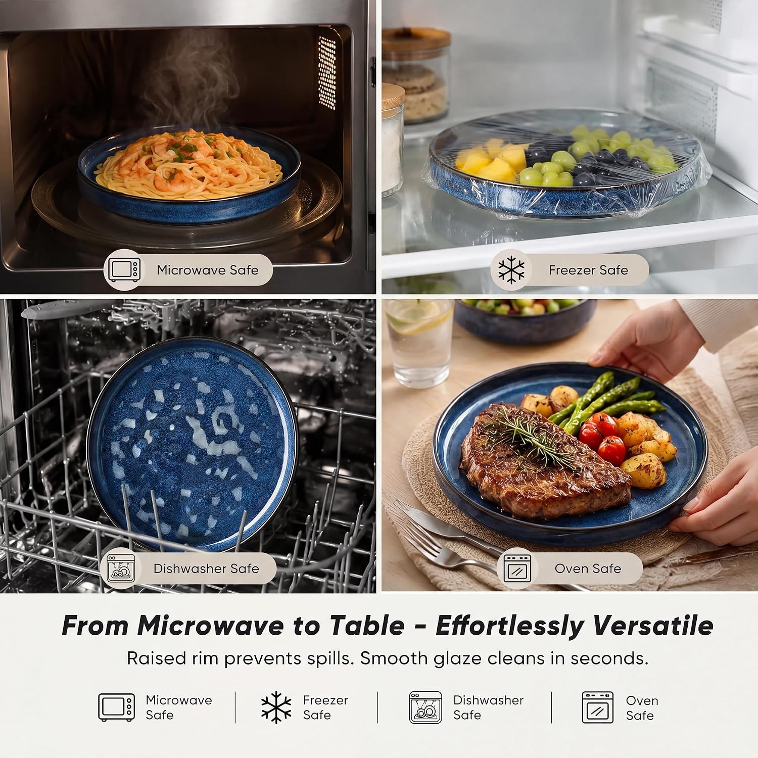 image:imageEfar Stoneware Dinnerware Set 12Piece White Plates and Bowls Sets for 4 Modern Ripple Design Dishes Set for Kitchen Dining Chip amp Scratch Resistant Microwave amp Dishwasher Safe Speckled WhiteStarry Blue