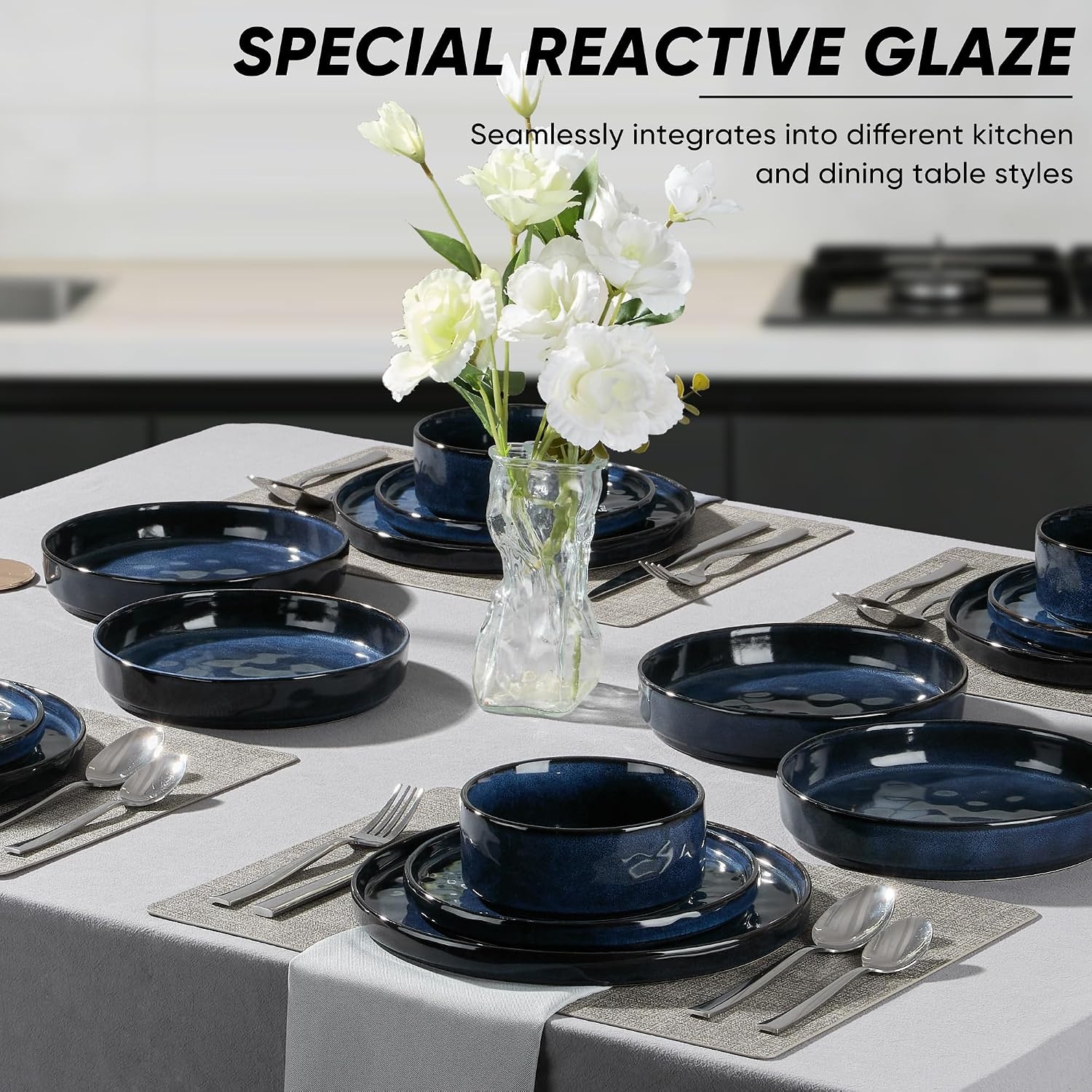 image:imageEfar Stoneware Dinnerware Set 12Piece White Plates and Bowls Sets for 4 Modern Ripple Design Dishes Set for Kitchen Dining Chip amp Scratch Resistant Microwave amp Dishwasher Safe Speckled WhiteStarry Blue