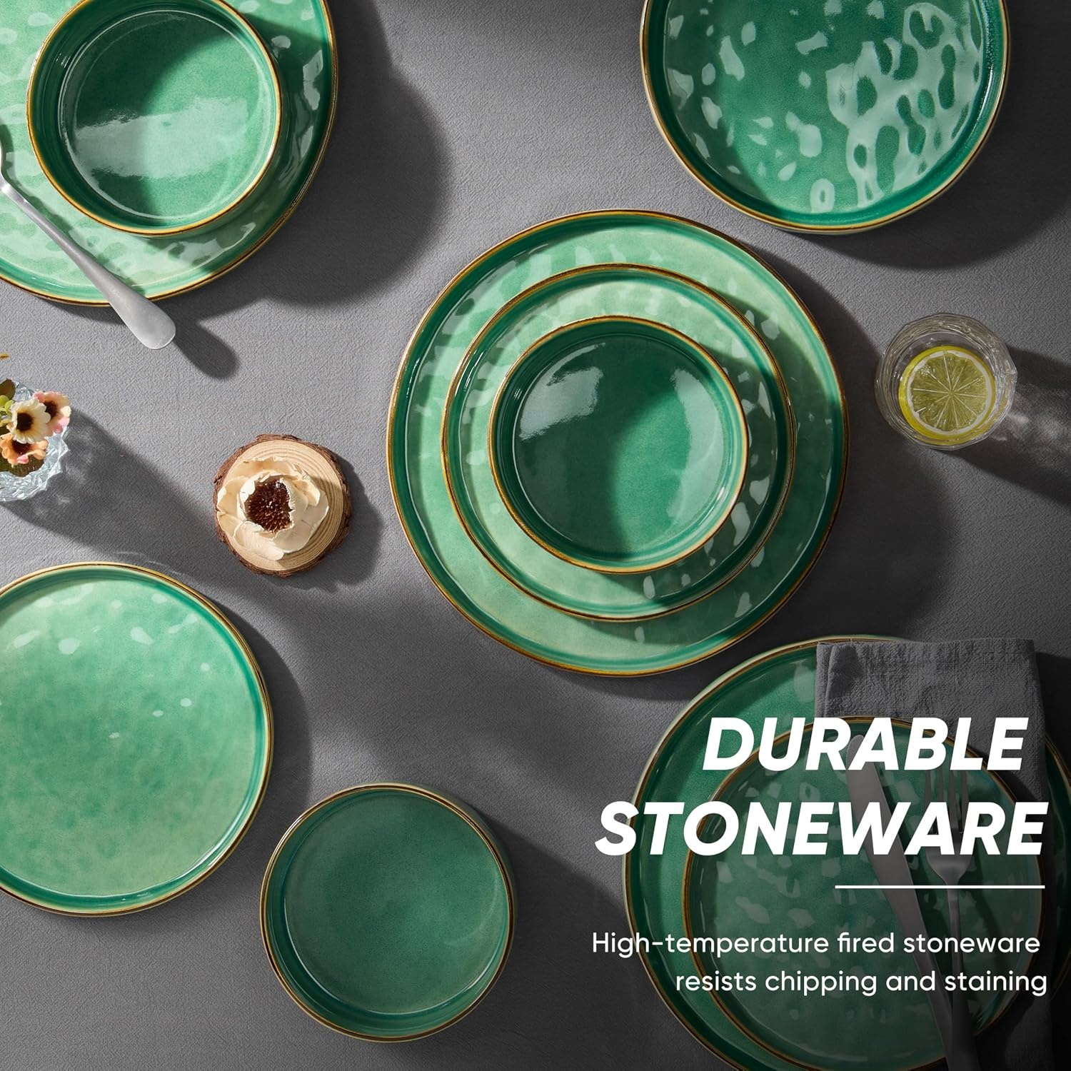 image:imageEfar Stoneware Dinnerware Set 12Piece White Plates and Bowls Sets for 4 Modern Ripple Design Dishes Set for Kitchen Dining Chip amp Scratch Resistant Microwave amp Dishwasher Safe Speckled WhiteReactive Green