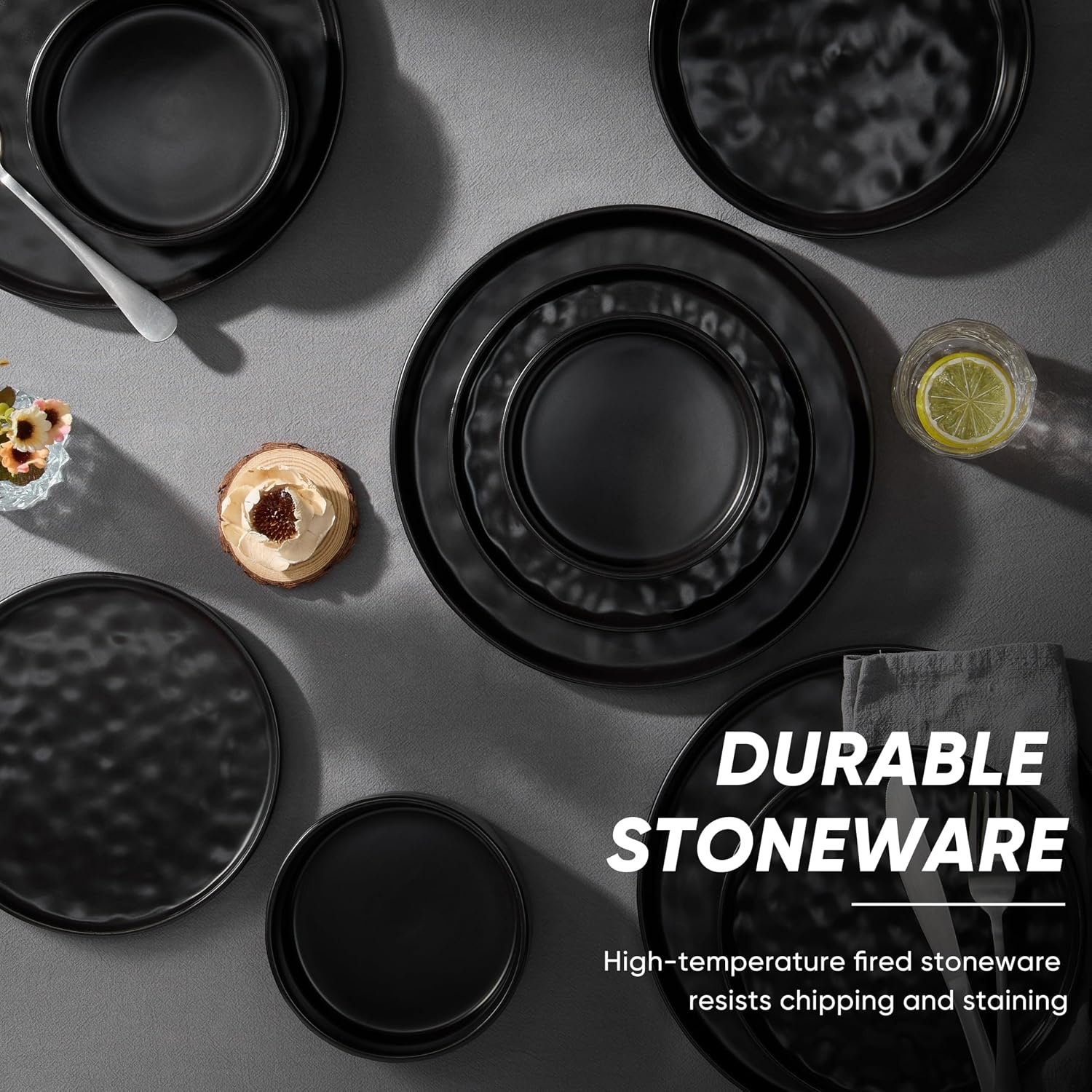 image:imageEfar Stoneware Dinnerware Set 12Piece White Plates and Bowls Sets for 4 Modern Ripple Design Dishes Set for Kitchen Dining Chip amp Scratch Resistant Microwave amp Dishwasher Safe Speckled WhiteMatte Black