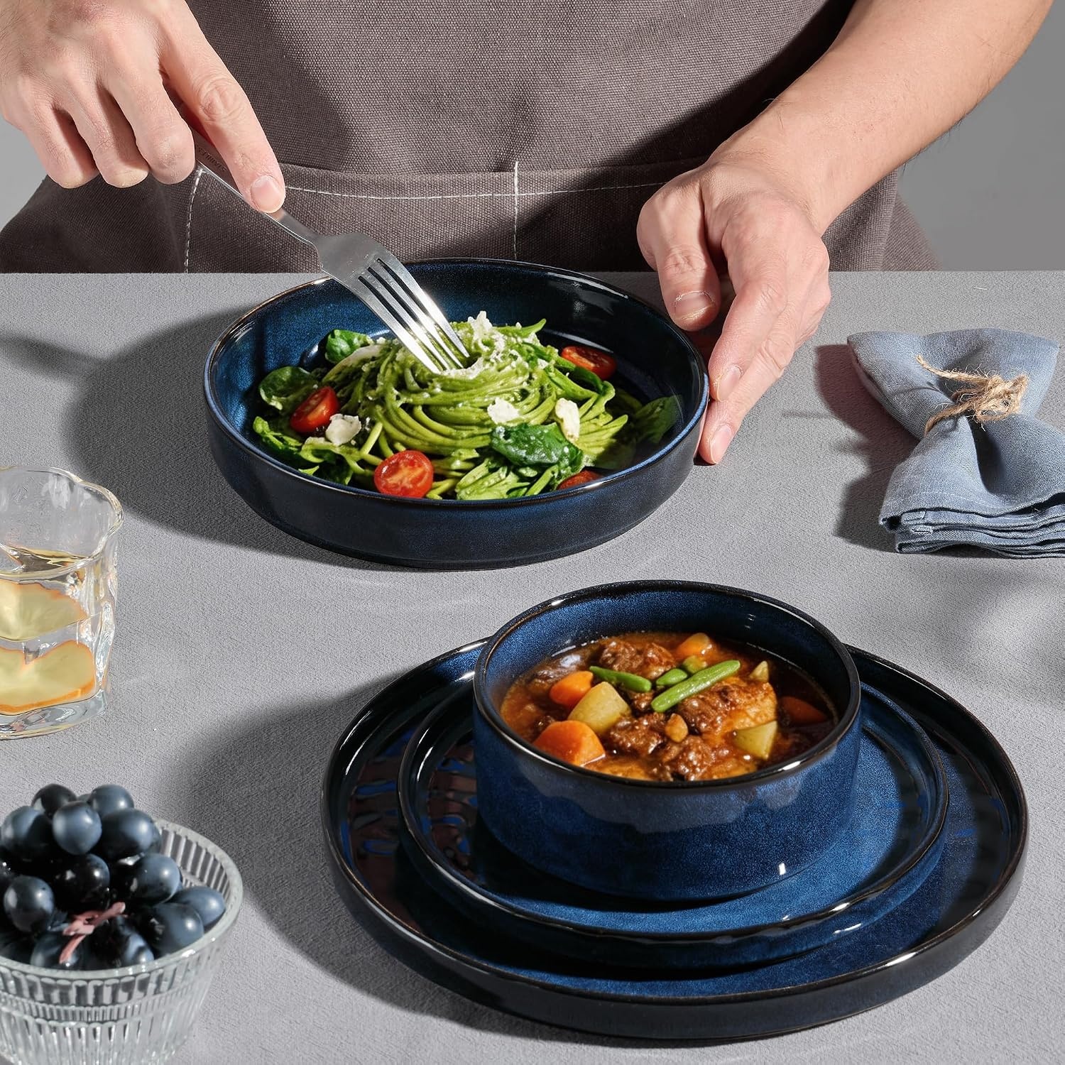image:imageEfar Stoneware Dinnerware Set 12Piece White Plates and Bowls Sets for 4 Modern Ripple Design Dishes Set for Kitchen Dining Chip amp Scratch Resistant Microwave amp Dishwasher Safe Speckled WhiteStarry Blue