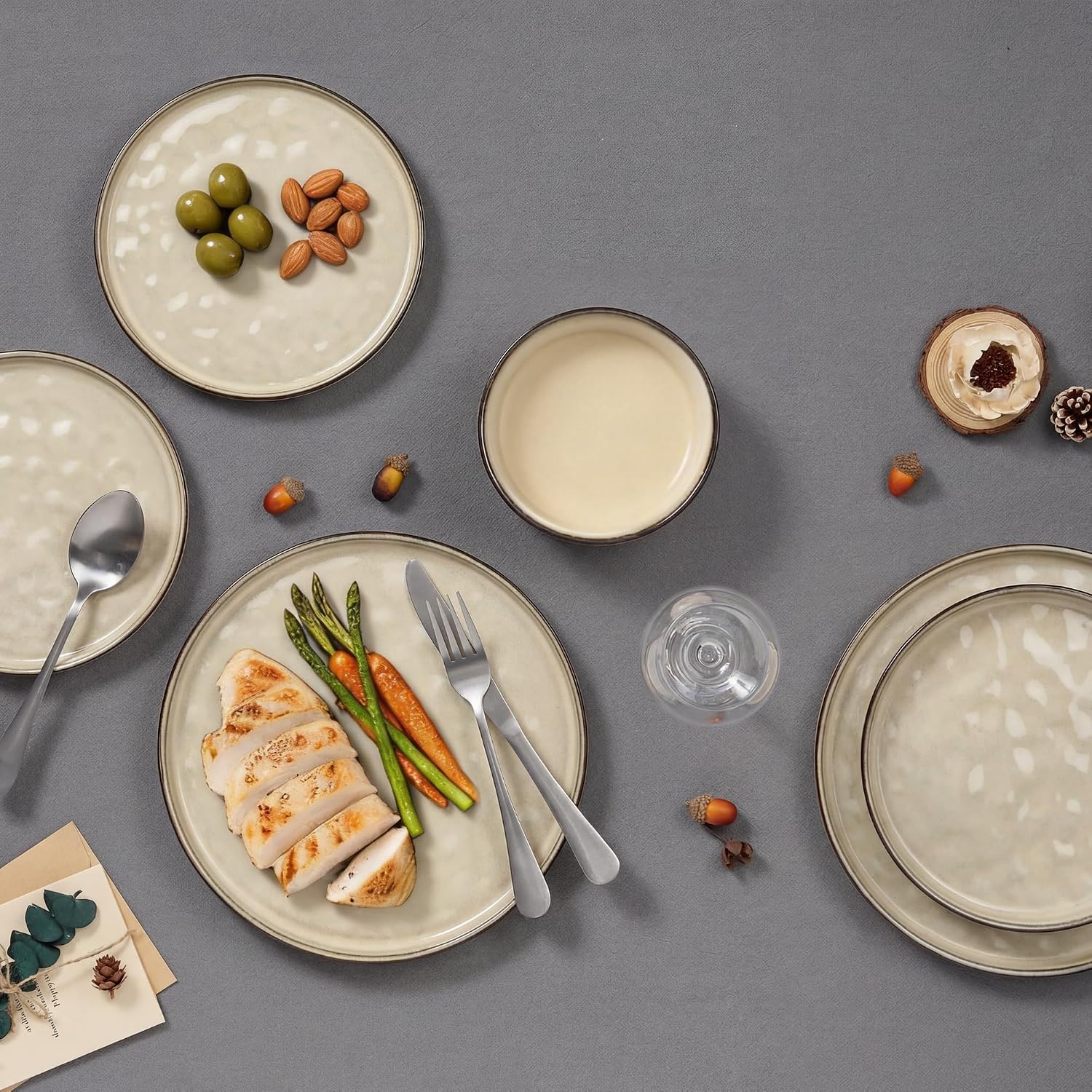 image:imageEfar Stoneware Dinnerware Set 12Piece White Plates and Bowls Sets for 4 Modern Ripple Design Dishes Set for Kitchen Dining Chip amp Scratch Resistant Microwave amp Dishwasher Safe Speckled WhiteSandy Khaki
