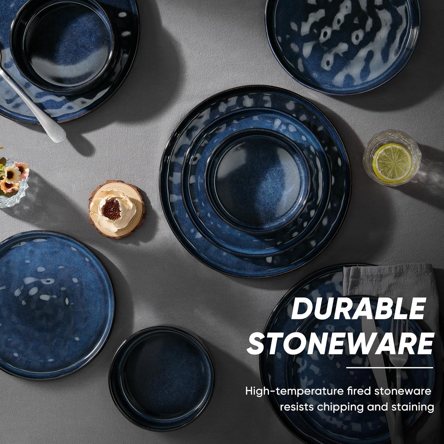 image:imageEfar Stoneware Dinnerware Set 12Piece White Plates and Bowls Sets for 4 Modern Ripple Design Dishes Set for Kitchen Dining Chip amp Scratch Resistant Microwave amp Dishwasher Safe Speckled WhiteStarry Blue