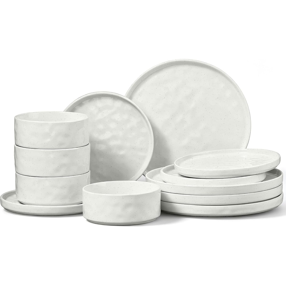 image:imageEfar Stoneware Dinnerware Set 12Piece White Plates and Bowls Sets for 4 Modern Ripple Design Dishes Set for Kitchen Dining Chip amp Scratch Resistant Microwave amp Dishwasher Safe Speckled WhiteSpeckled White
