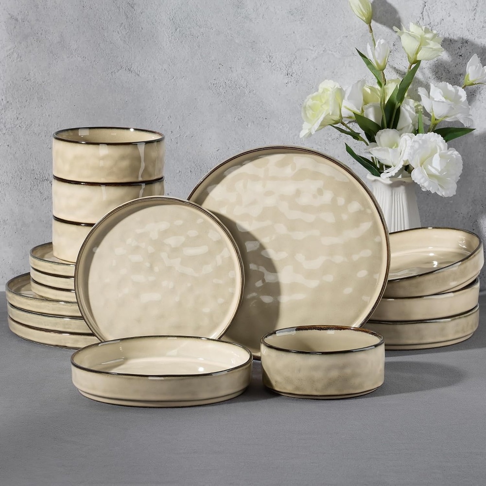 image:imageEfar Stoneware Dinnerware Set 12Piece White Plates and Bowls Sets for 4 Modern Ripple Design Dishes Set for Kitchen Dining Chip amp Scratch Resistant Microwave amp Dishwasher Safe Speckled WhiteSandy Khaki