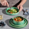 E-far Stoneware Dinnerware Set, 12-Piece White Plates and Bowls Sets for 4 | Modern Ripple Design Dishes Set for Kitchen Dining , Chip & Scratch Resistant, Microwave & Dishwasher Safe, Speckled White(Reactive Green)