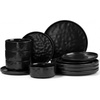 E-far Stoneware Dinnerware Set, 12-Piece White Plates and Bowls Sets for 4 | Modern Ripple Design Dishes Set for Kitchen Dining , Chip & Scratch Resistant, Microwave & Dishwasher Safe, Speckled White(Matte Black)