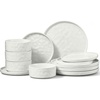 E-far Stoneware Dinnerware Set, 12-Piece White Plates and Bowls Sets for 4 | Modern Ripple Design Dishes Set for Kitchen Dining , Chip & Scratch Resistant, Microwave & Dishwasher Safe, Speckled White(Speckled White)