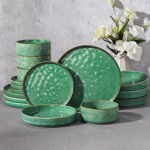 E-far Stoneware Dinnerware Set, 12-Piece White Plates and Bowls Sets for 4 | Modern Ripple Design Dishes Set for Kitchen Dining , Chip & Scratch Resistant, Microwave & Dishwasher Safe, Speckled White(Reactive Green)