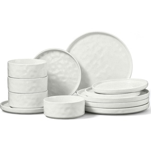 E-far Stoneware Dinnerware Set, 12-Piece White Plates and Bowls Sets for 4 | Modern Ripple Design Dishes Set for Kitchen Dining , Chip & Scratch Resistant, Microwave & Dishwasher Safe, Speckled White(Speckled White)