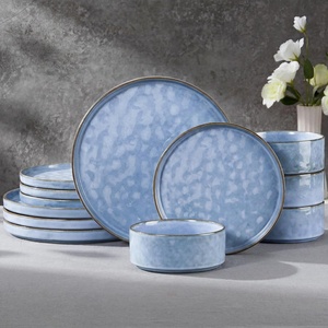 E-far Stoneware Dinnerware Set, 12-Piece White Plates and Bowls Sets for 4 | Modern Ripple Design Dishes Set for Kitchen Dining , Chip & Scratch Resistant, Microwave & Dishwasher Safe, Speckled White(Reactive Blue)