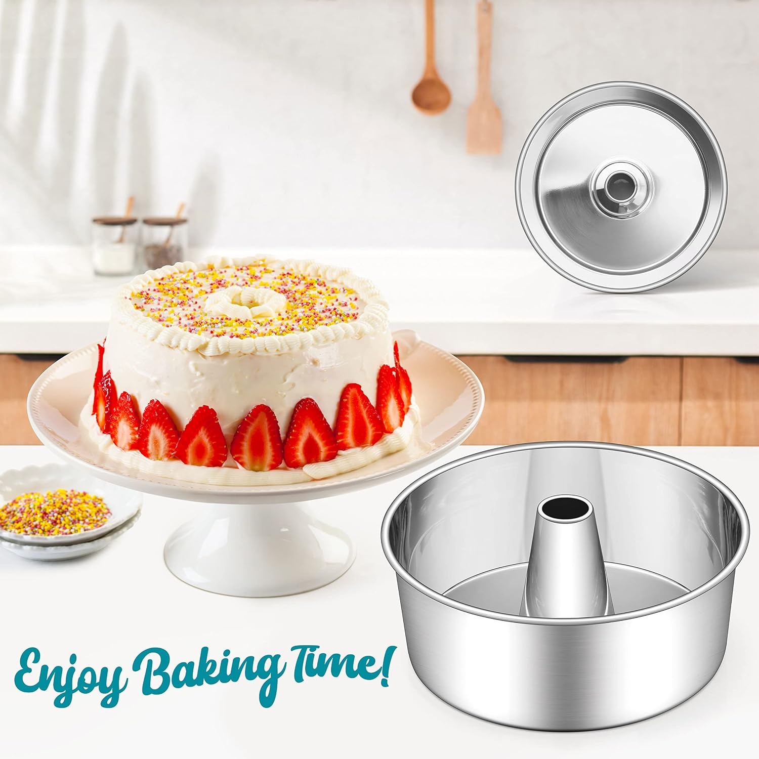 image:imageEfar 10Inch Angel Food Cake Pan Stainless Steel Tube Pan for Baking Ideal for Pound Chiffon Cake Onepiece Design amp Nontoxic Dishwasher Safe2 Pieces
