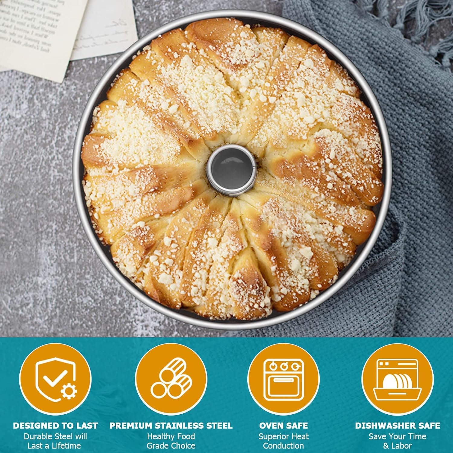 image:imageEfar 10Inch Angel Food Cake Pan Stainless Steel Tube Pan for Baking Ideal for Pound Chiffon Cake Onepiece Design amp Nontoxic Dishwasher Safe2 Pieces