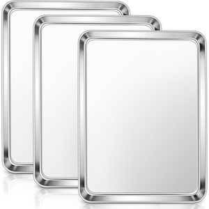 E-far Stainless Steel Baking Sheet 4 Pack, 9″x13″ Cookie Sheets for Baking | Stainless Steel Sheet Cake Pan, Non-toxic Baking Trays for Oven Cooking, Healthy & Rust Free, Easy Clean & Dishwasher Safe(3)