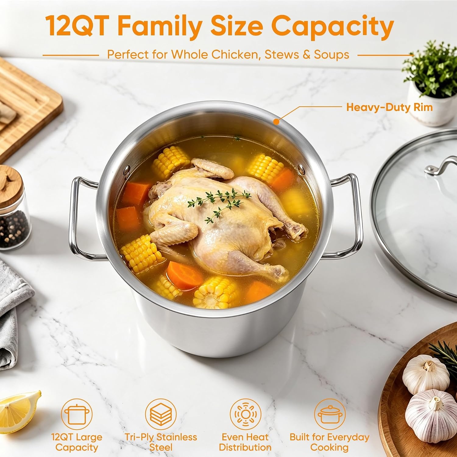 image:imageEfar 12 Quart TriPly Stock Pot with Lid Stainless Steel Cooking Pot12 Quarts