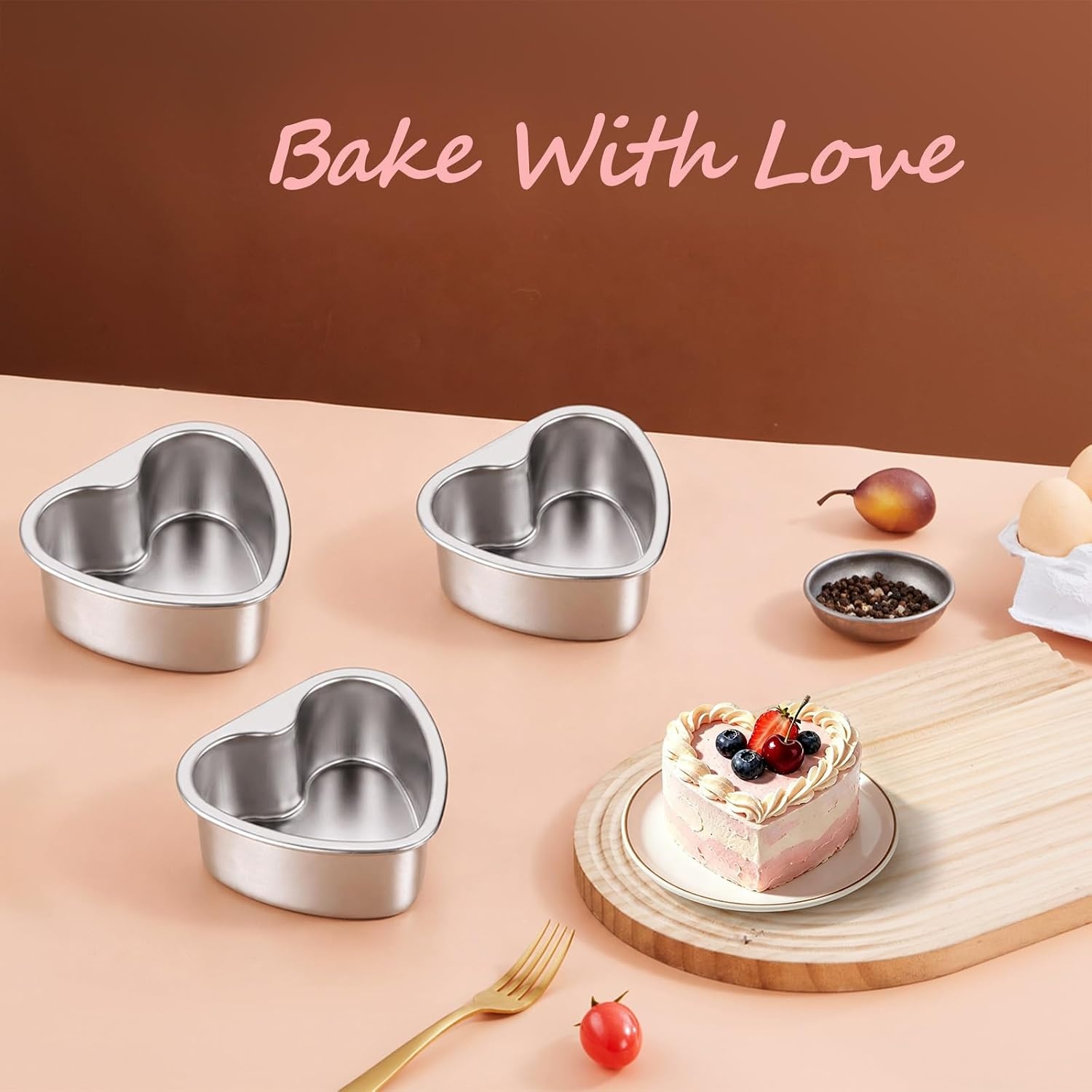 image:imageEfar 4 Inch Mini Heart Cake Pan Set of 3 Stainless Steel Heart Shaped Smash Cake Baking Mold Small Heart Cake Tin for Valentines Day Anniversaries Birthday Nontoxic amp Dishwasher SafeSilver