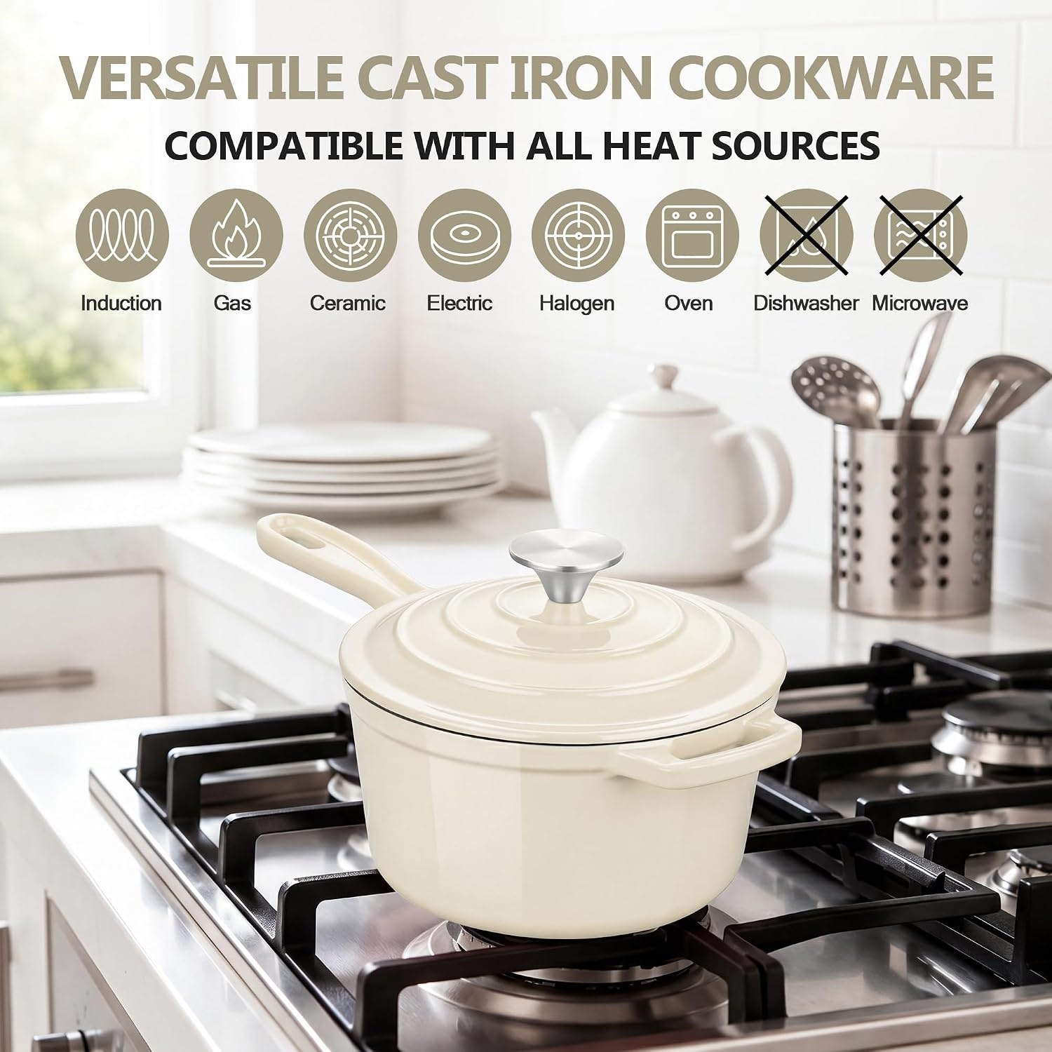 image:imageEfar Enameled Cast Iron Sauce Pan with Lid 1 Quart Dutch Oven Cooking PotCream