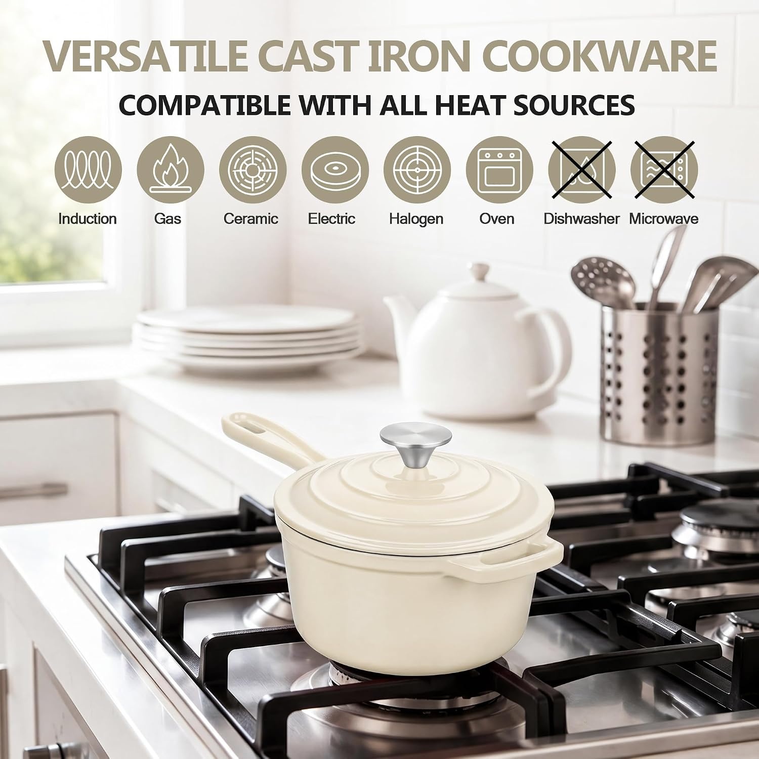image:imageEfar Enameled Cast Iron Sauce Pan with Lid 1 Quart Dutch Oven Cooking PotCream