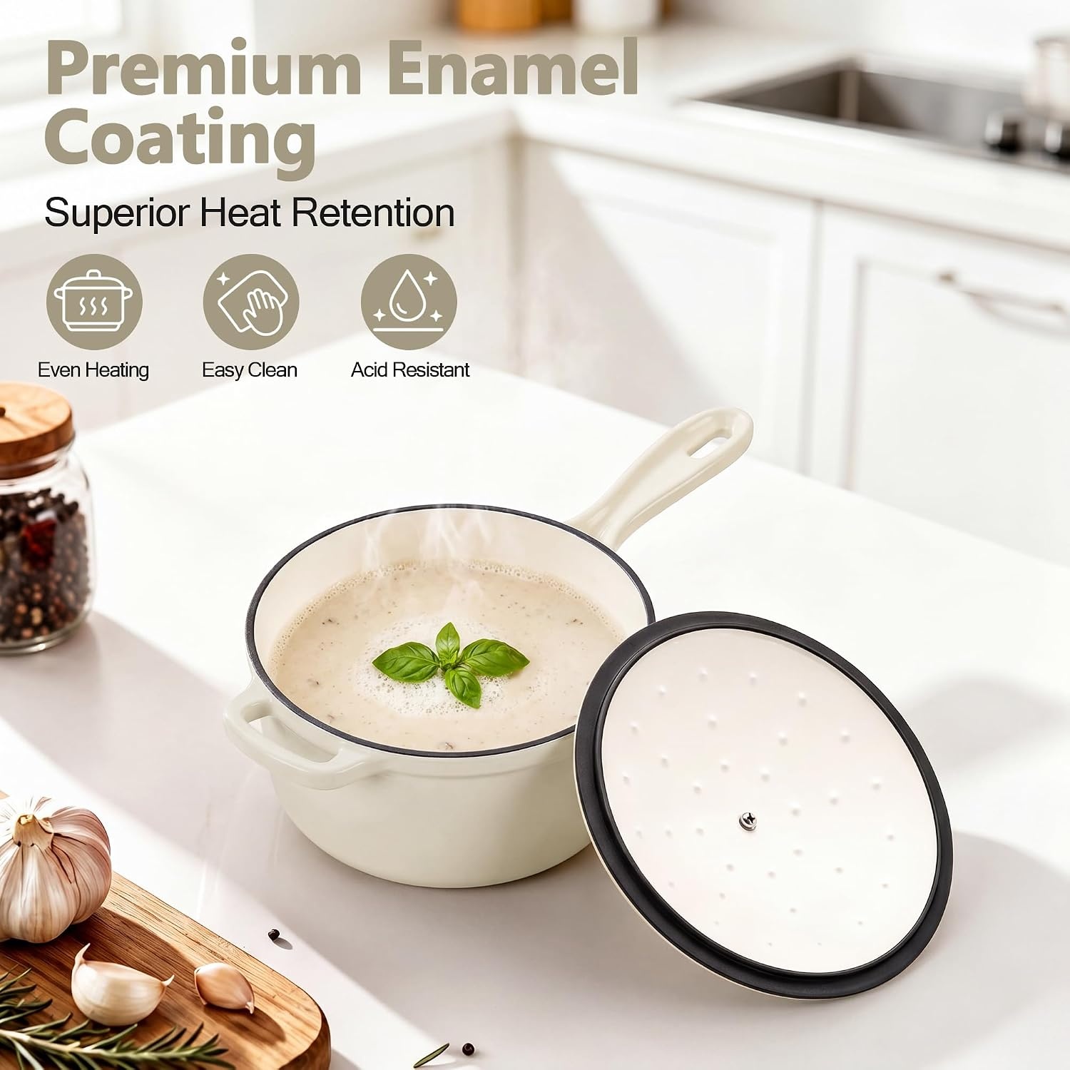 image:imageEfar Enameled Cast Iron Sauce Pan with Lid 1 Quart Dutch Oven Cooking PotCream