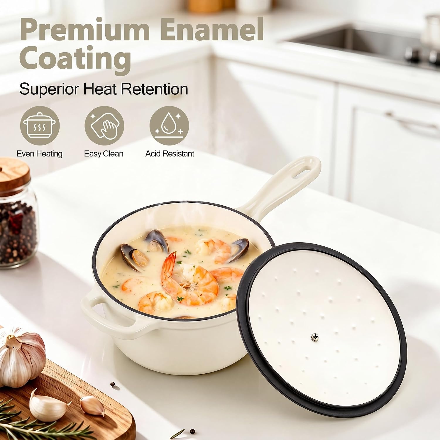 image:imageEfar Enameled Cast Iron Sauce Pan with Lid 1 Quart Dutch Oven Cooking PotCream