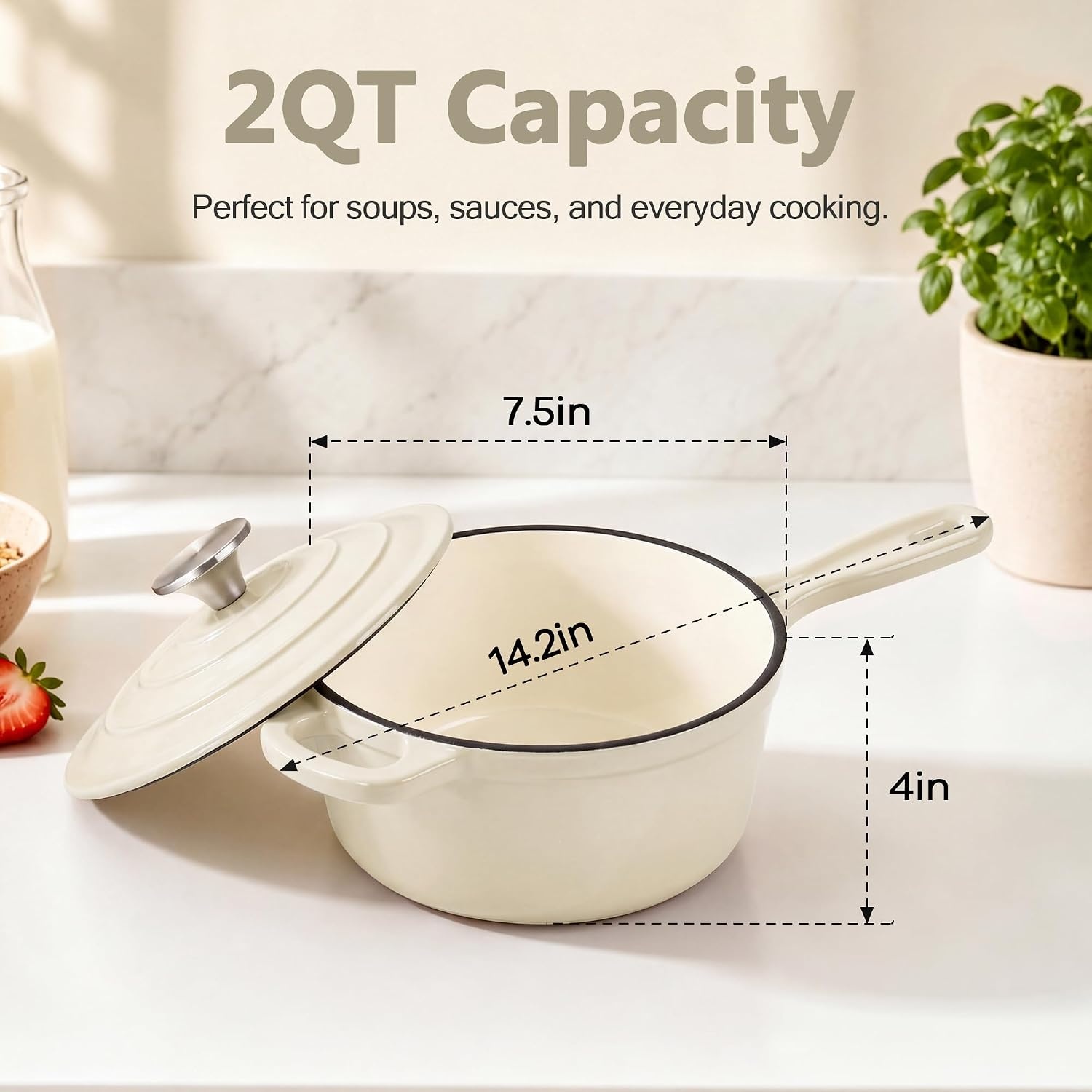 image:imageEfar Enameled Cast Iron Sauce Pan with Lid 1 Quart Dutch Oven Cooking PotCream