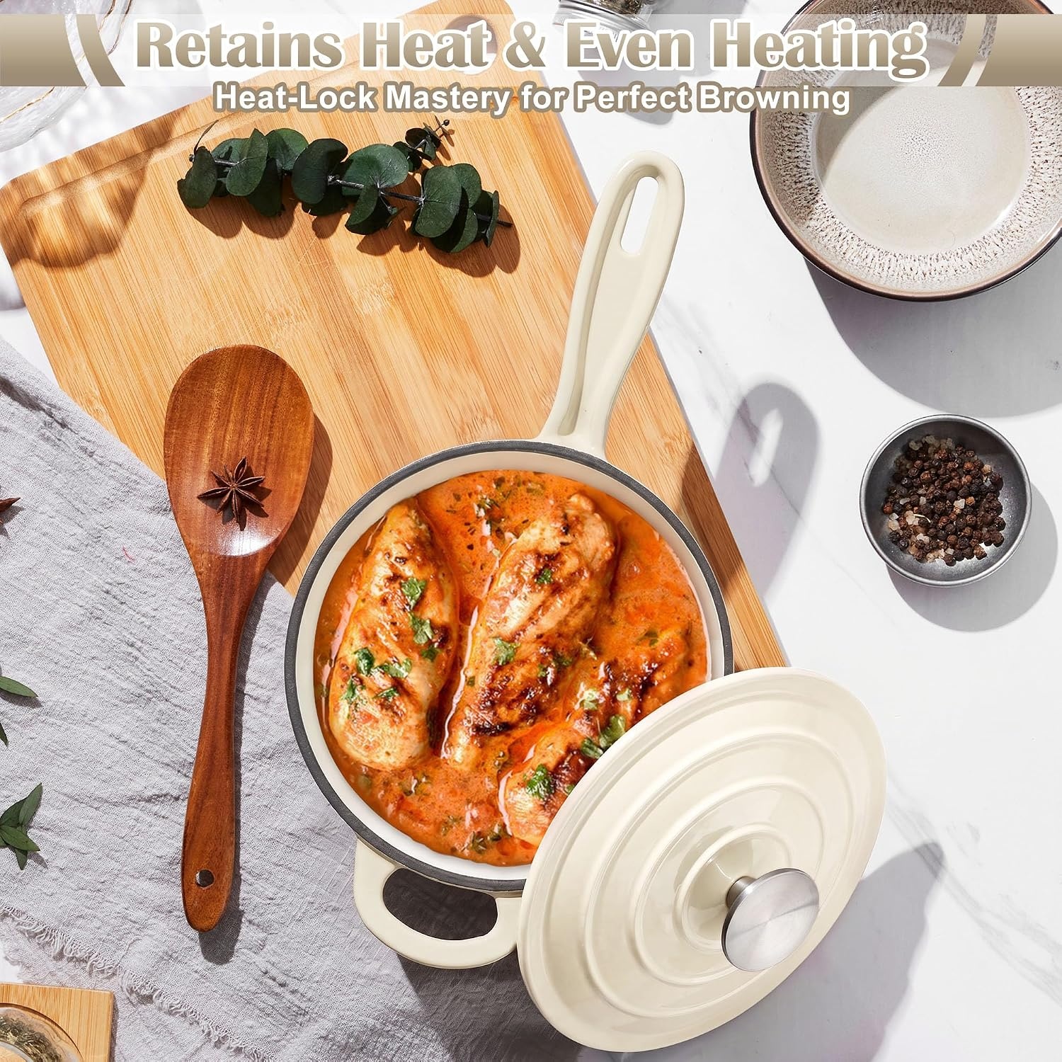 image:imageEfar Enameled Cast Iron Sauce Pan with Lid 1 Quart Dutch Oven Cooking PotCream