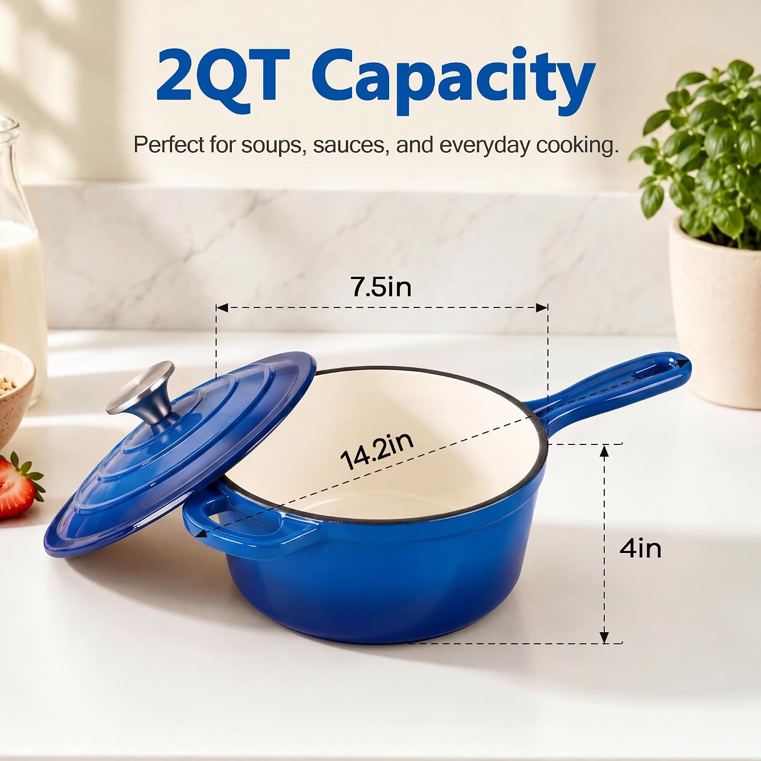 image:imageEfar Enameled Cast Iron Sauce Pan with Lid 1 Quart Dutch Oven Cooking PotDeep Blue