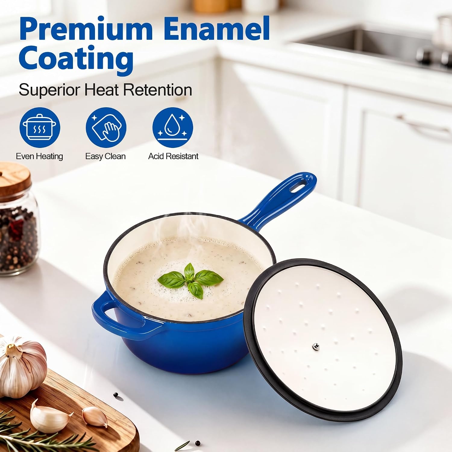 image:imageEfar Enameled Cast Iron Sauce Pan with Lid 1 Quart Dutch Oven Cooking PotDeep Blue