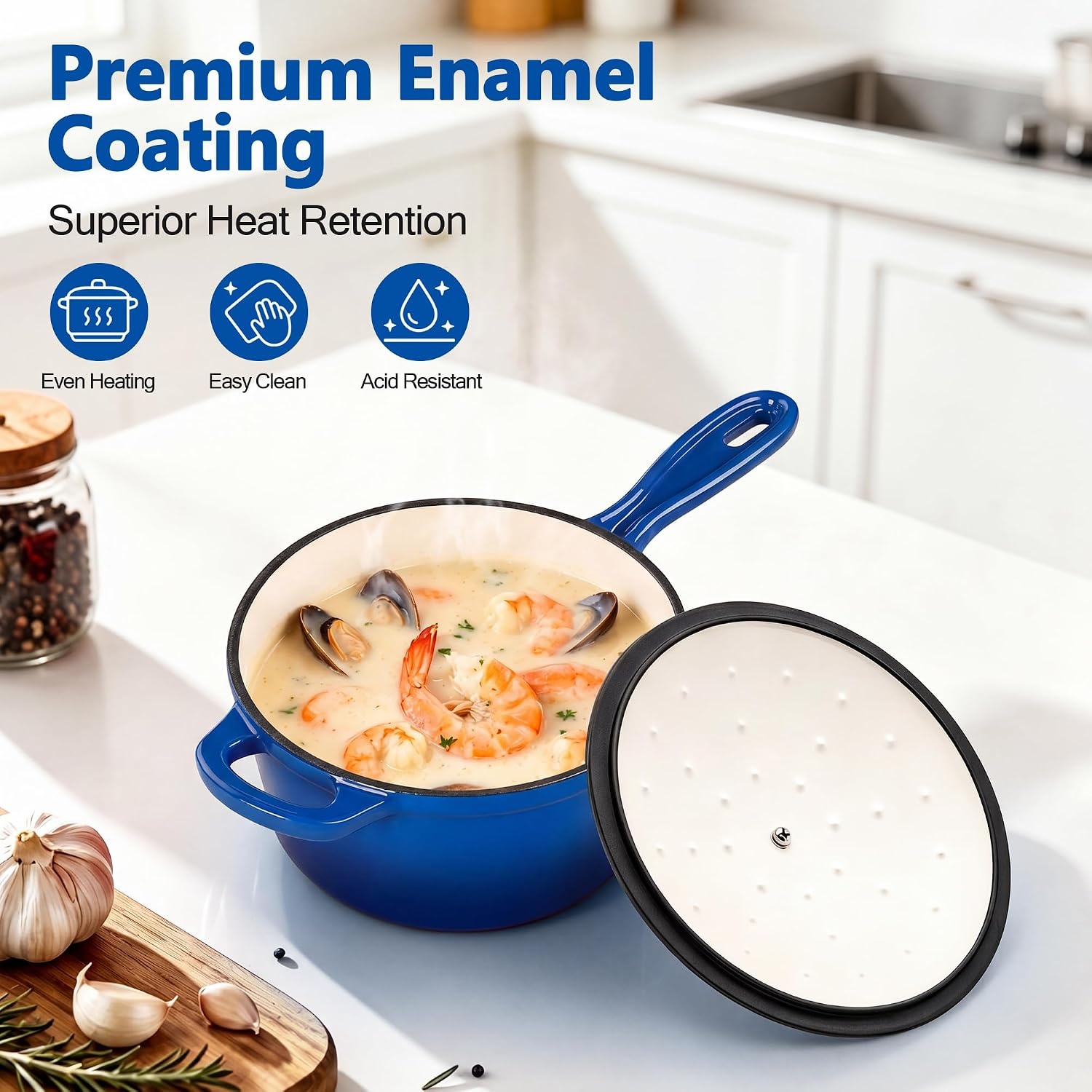 image:imageEfar Enameled Cast Iron Sauce Pan with Lid 1 Quart Dutch Oven Cooking PotDeep Blue