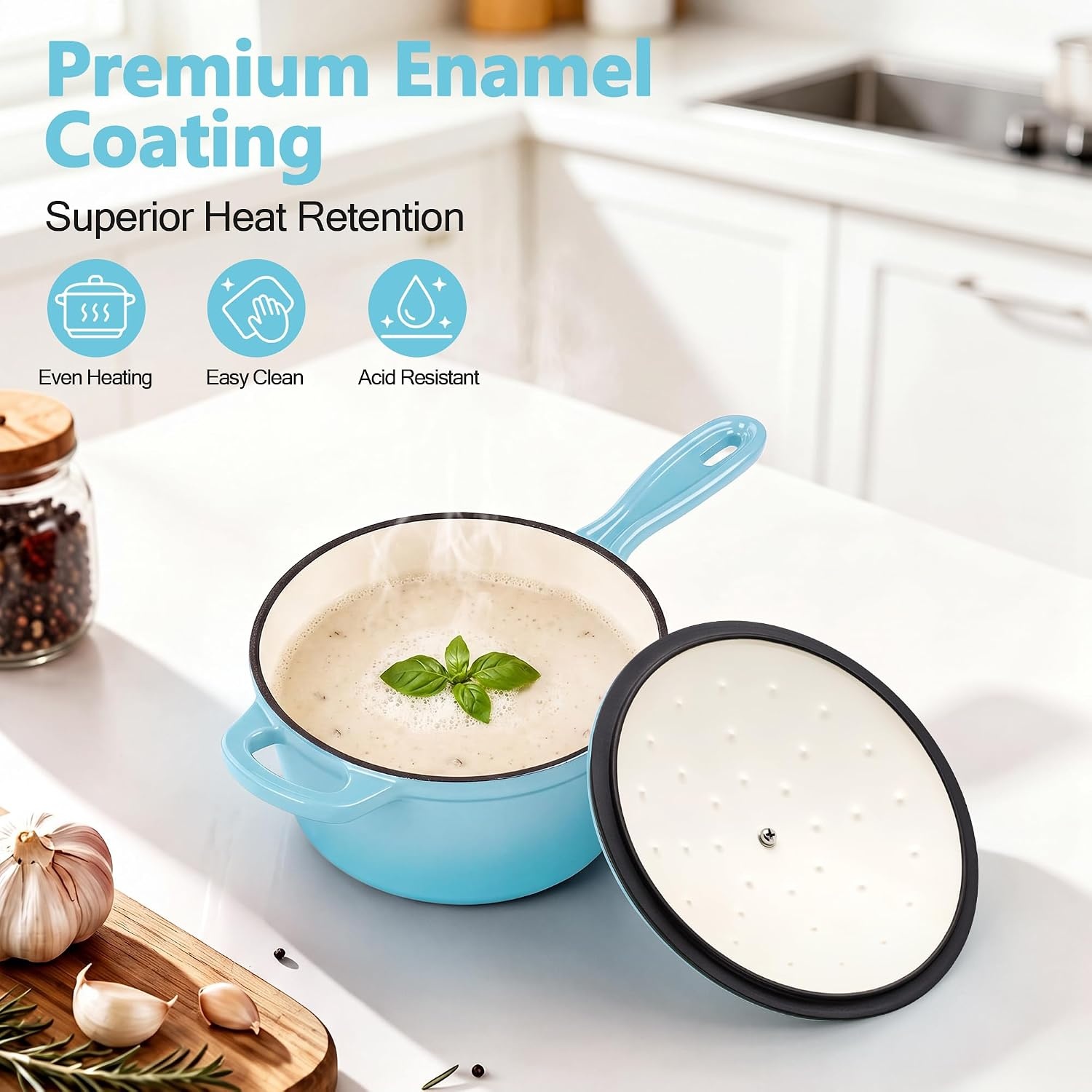 image:imageEfar Enameled Cast Iron Sauce Pan with Lid 1 Quart Dutch Oven Cooking PotLight Blue