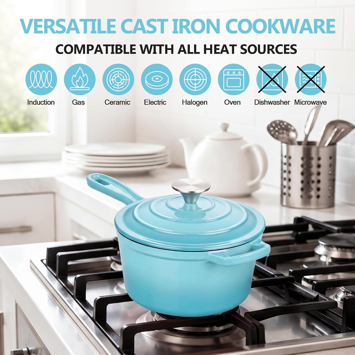image:imageEfar Enameled Cast Iron Sauce Pan with Lid 1 Quart Dutch Oven Cooking PotLight Blue
