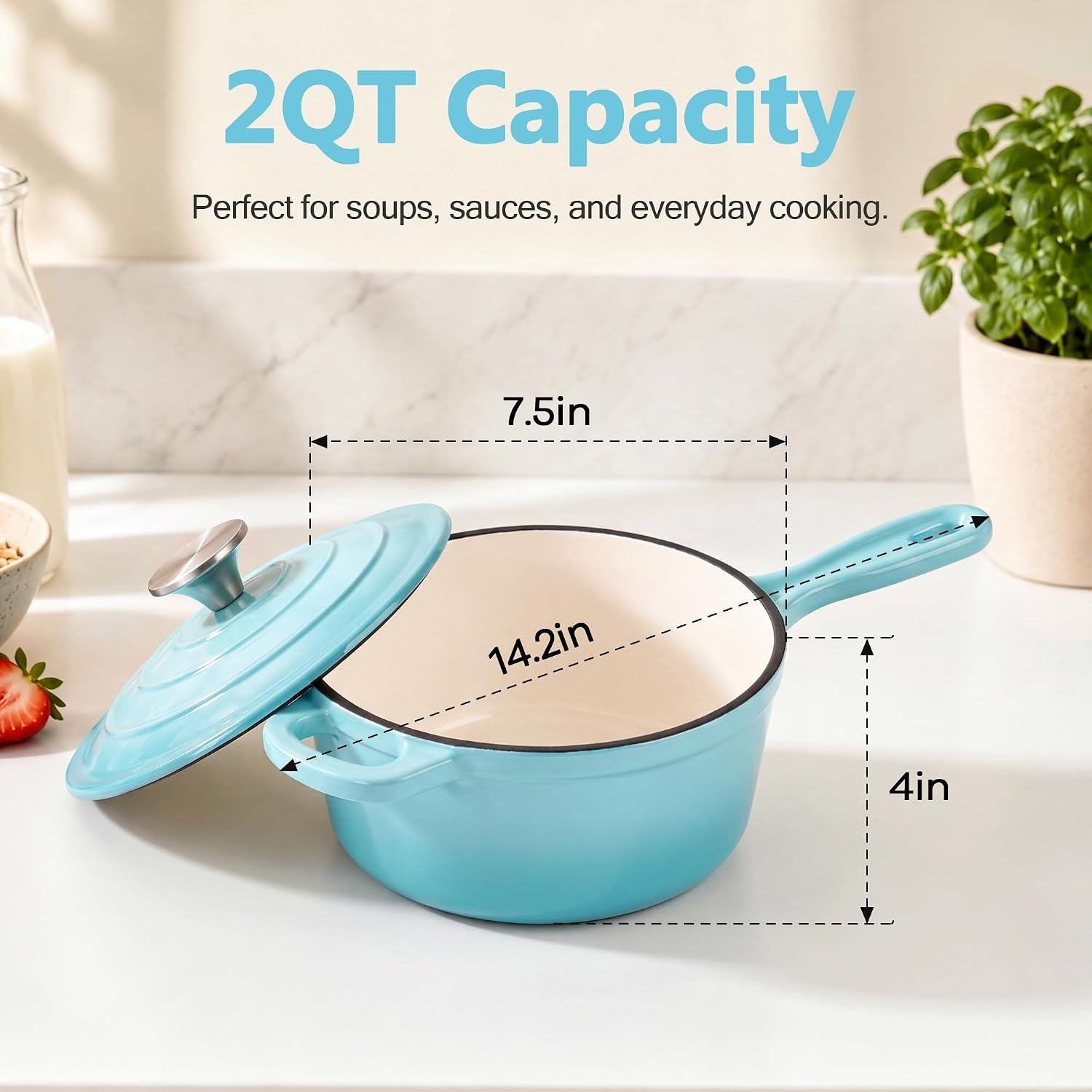 image:imageEfar Enameled Cast Iron Sauce Pan with Lid 1 Quart Dutch Oven Cooking PotLight Blue