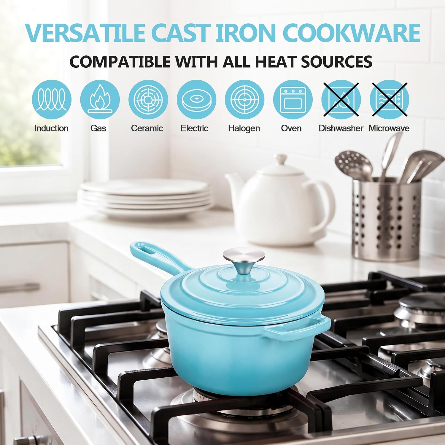 image:imageEfar Enameled Cast Iron Sauce Pan with Lid 1 Quart Dutch Oven Cooking PotLight Blue