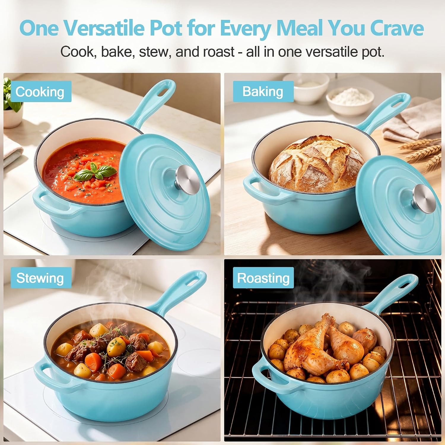 image:imageEfar Enameled Cast Iron Sauce Pan with Lid 1 Quart Dutch Oven Cooking PotLight Blue
