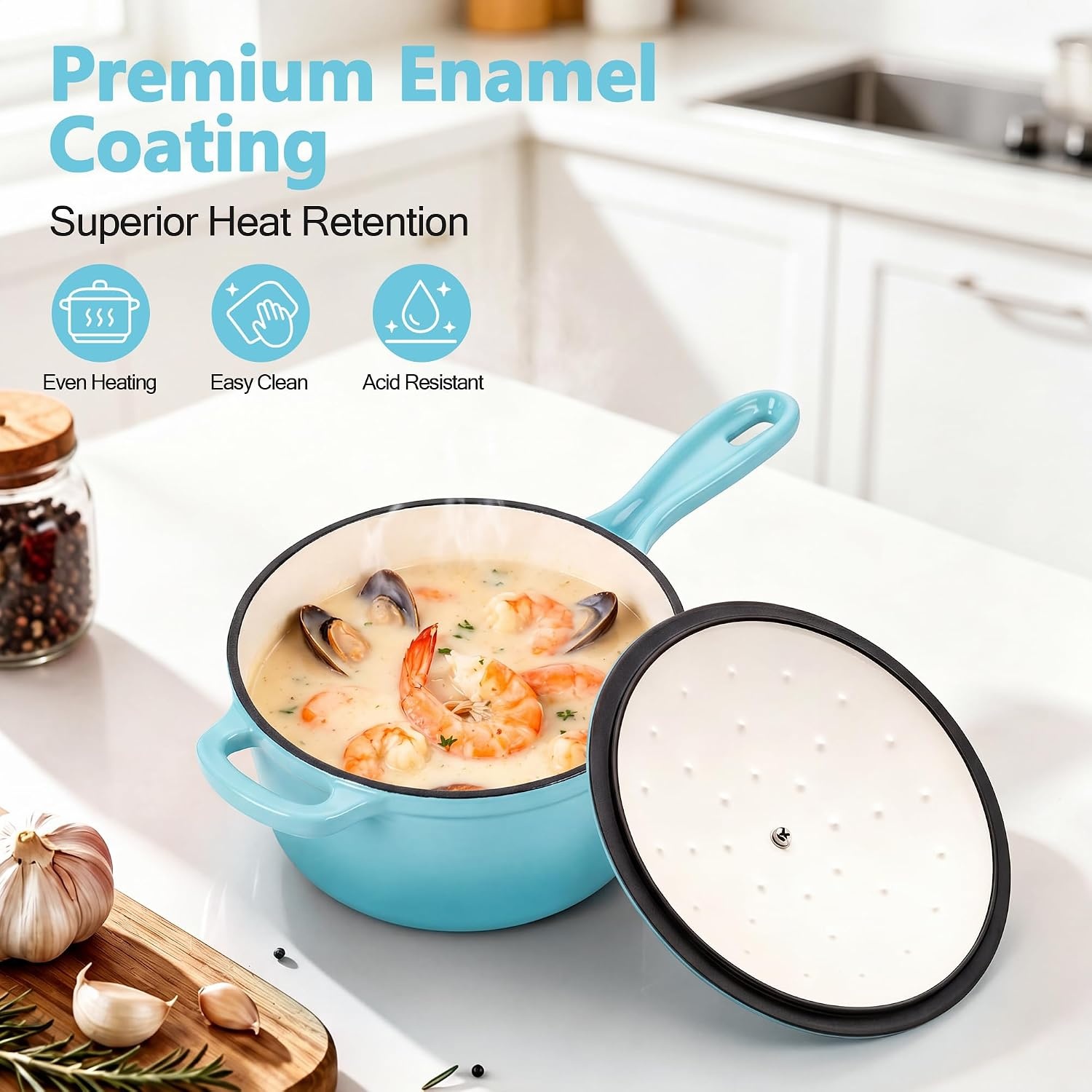 image:imageEfar Enameled Cast Iron Sauce Pan with Lid 1 Quart Dutch Oven Cooking PotLight Blue