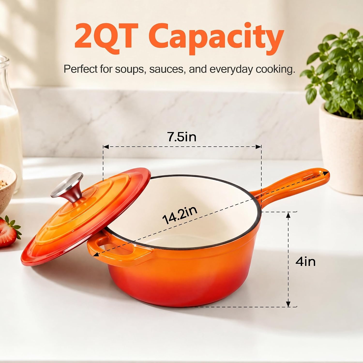 image:imageEfar Enameled Cast Iron Sauce Pan with Lid 1 Quart Dutch Oven Cooking PotOrange