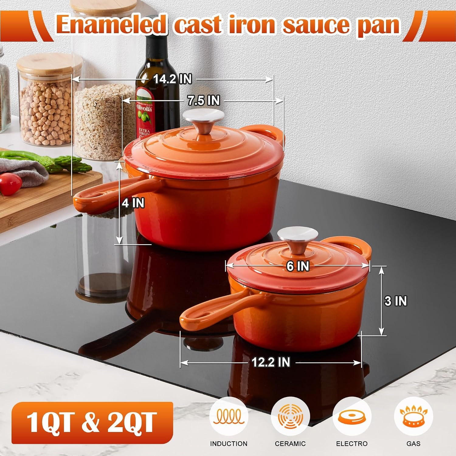image:imageEfar Enameled Cast Iron Sauce Pan with Lid 1 Quart Dutch Oven Cooking PotOrange