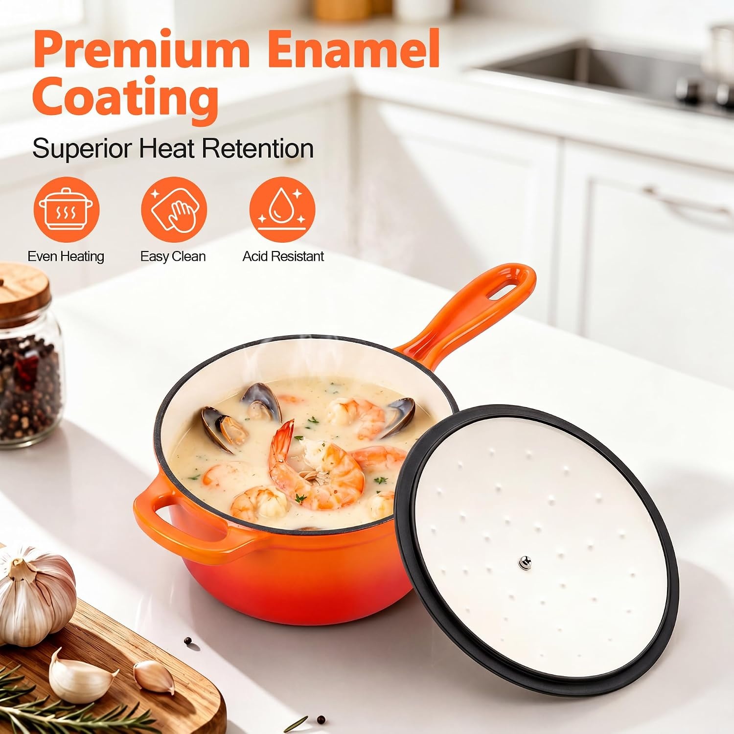image:imageEfar Enameled Cast Iron Sauce Pan with Lid 1 Quart Dutch Oven Cooking PotOrange