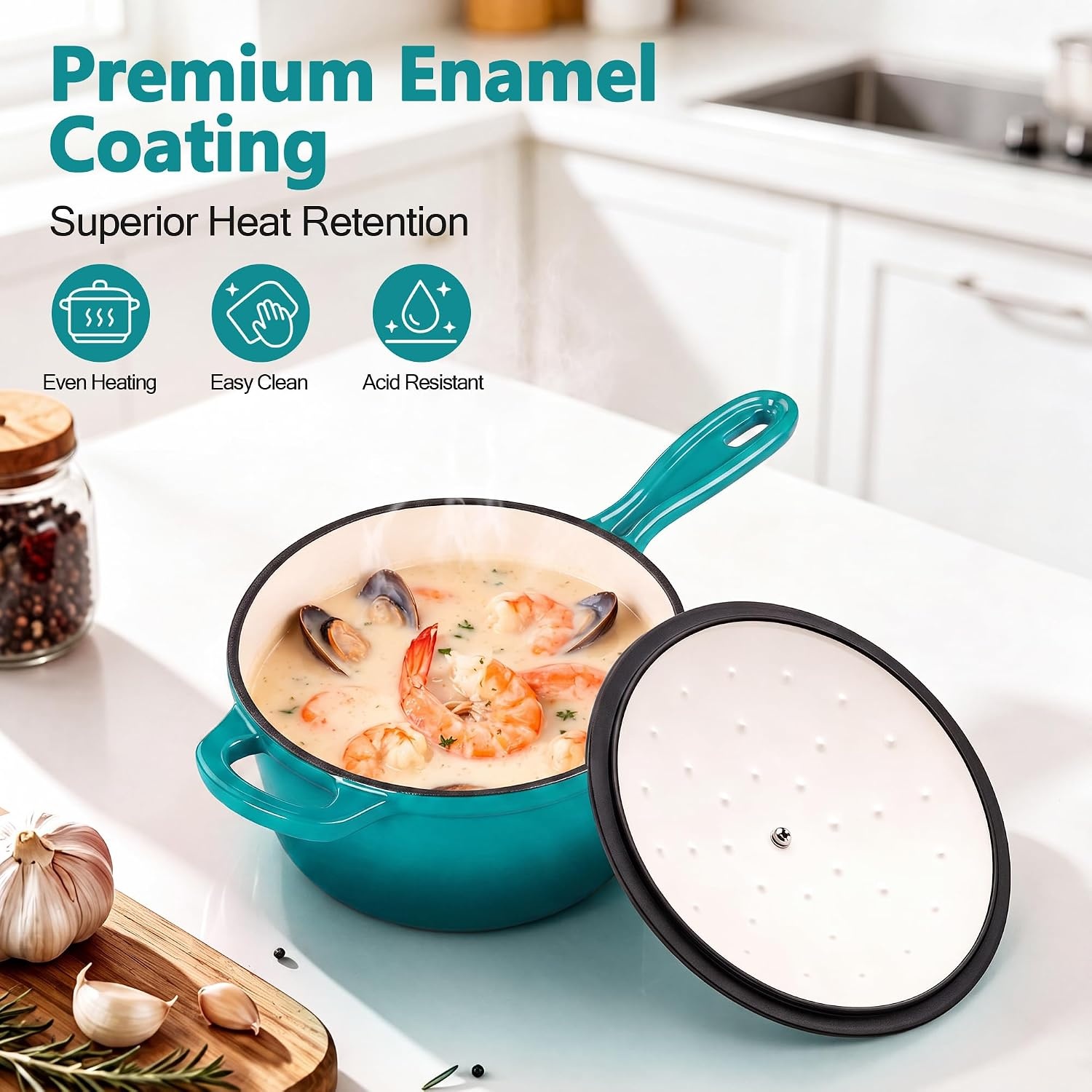 image:imageEfar Enameled Cast Iron Sauce Pan with Lid 1 Quart Dutch Oven Cooking PotPeacock Green