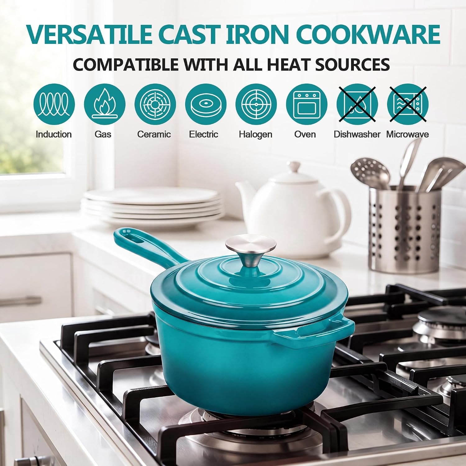 image:imageEfar Enameled Cast Iron Sauce Pan with Lid 1 Quart Dutch Oven Cooking PotPeacock Green