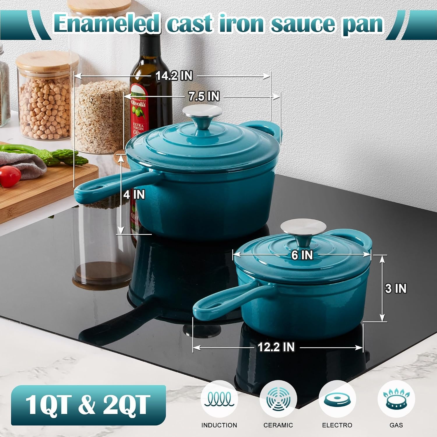 image:imageEfar Enameled Cast Iron Sauce Pan with Lid 1 Quart Dutch Oven Cooking PotPeacock Green