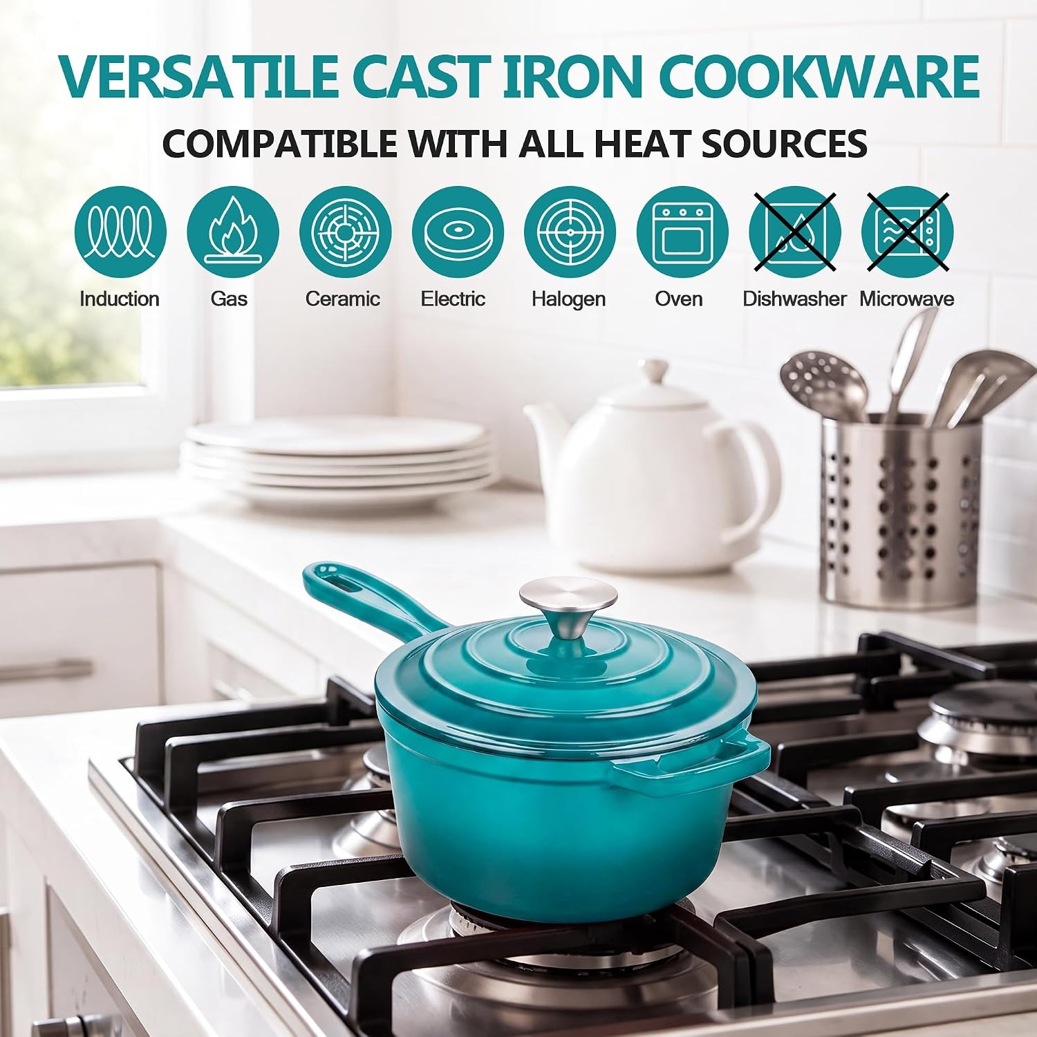 image:imageEfar Enameled Cast Iron Sauce Pan with Lid 1 Quart Dutch Oven Cooking PotPeacock Green