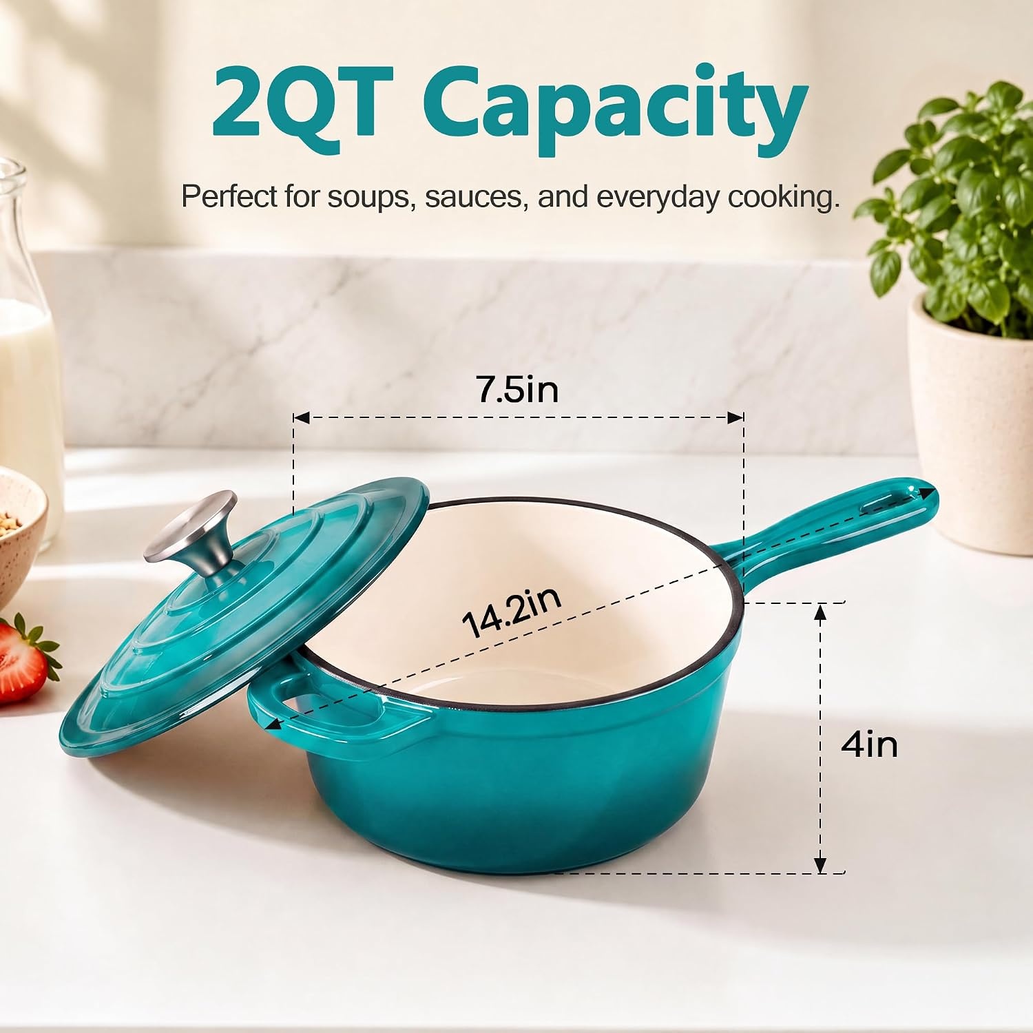 image:imageEfar Enameled Cast Iron Sauce Pan with Lid 1 Quart Dutch Oven Cooking PotPeacock Green