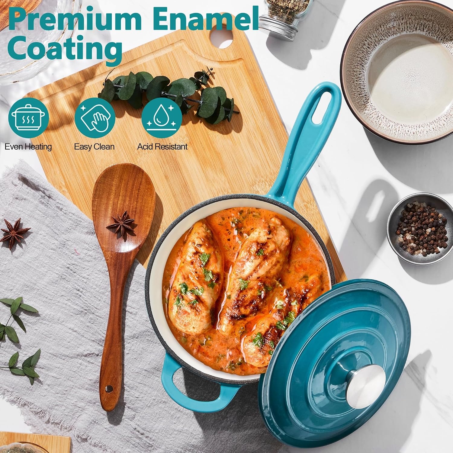 image:imageEfar Enameled Cast Iron Sauce Pan with Lid 1 Quart Dutch Oven Cooking PotPeacock Green