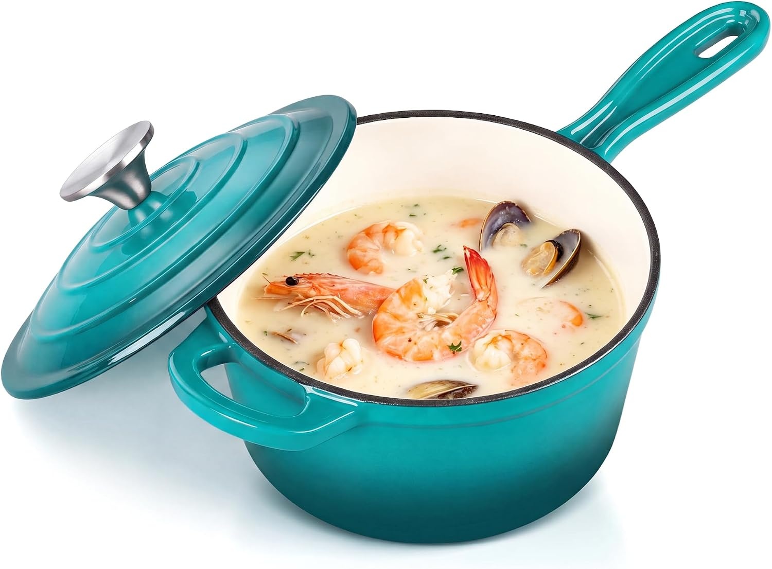 image:imageEfar Enameled Cast Iron Sauce Pan with Lid 1 Quart Dutch Oven Cooking PotPeacock Green