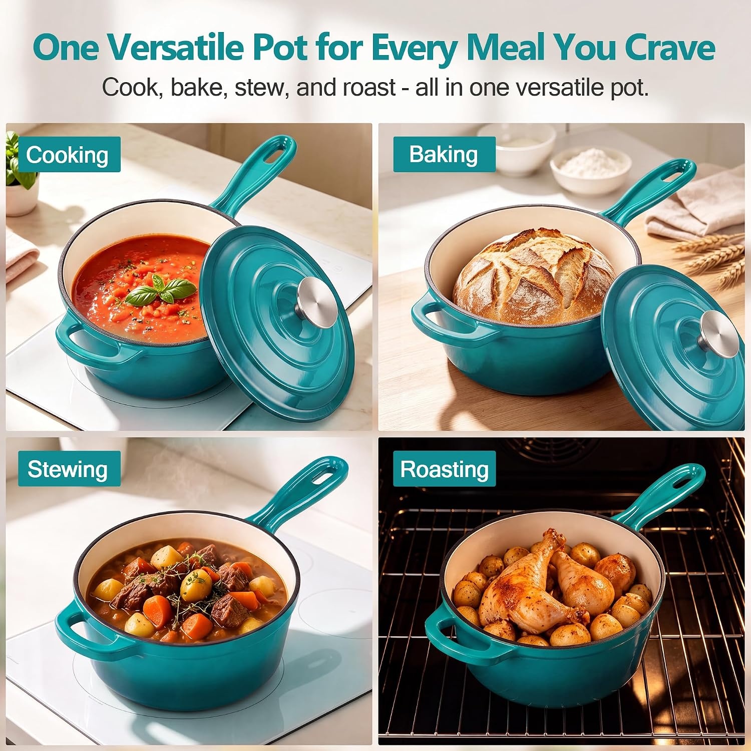 image:imageEfar Enameled Cast Iron Sauce Pan with Lid 1 Quart Dutch Oven Cooking PotPeacock Green