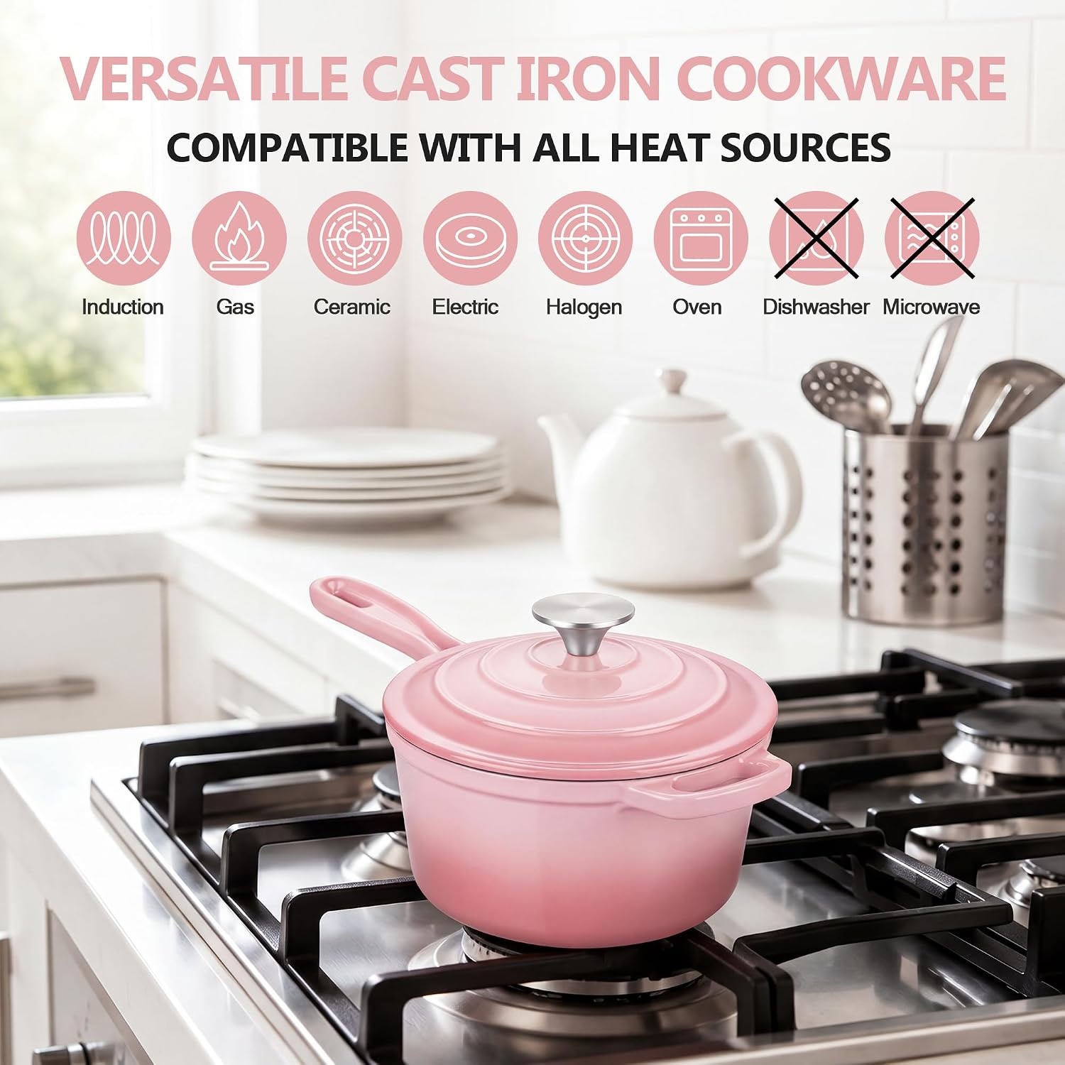 image:imageEfar Enameled Cast Iron Sauce Pan with Lid 1 Quart Dutch Oven Cooking PotPink
