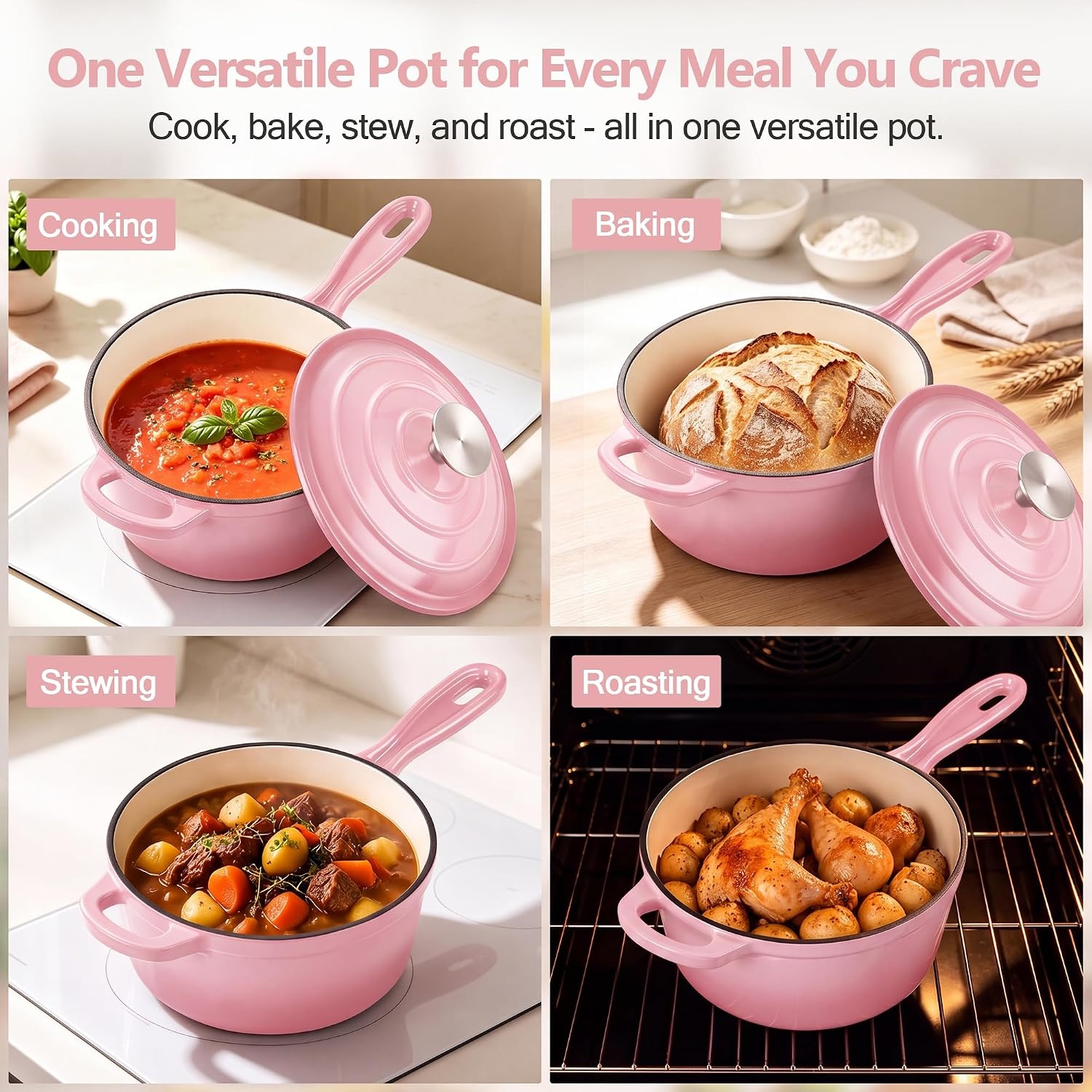 image:imageEfar Enameled Cast Iron Sauce Pan with Lid 1 Quart Dutch Oven Cooking PotPink