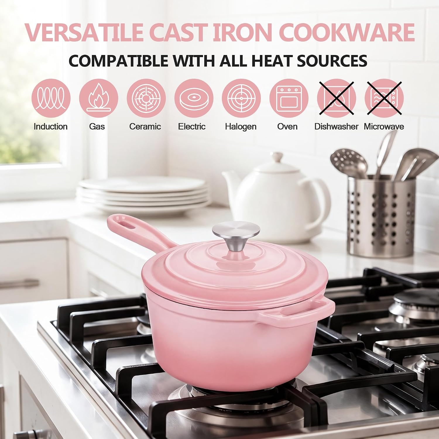 image:imageEfar Enameled Cast Iron Sauce Pan with Lid 1 Quart Dutch Oven Cooking PotPink