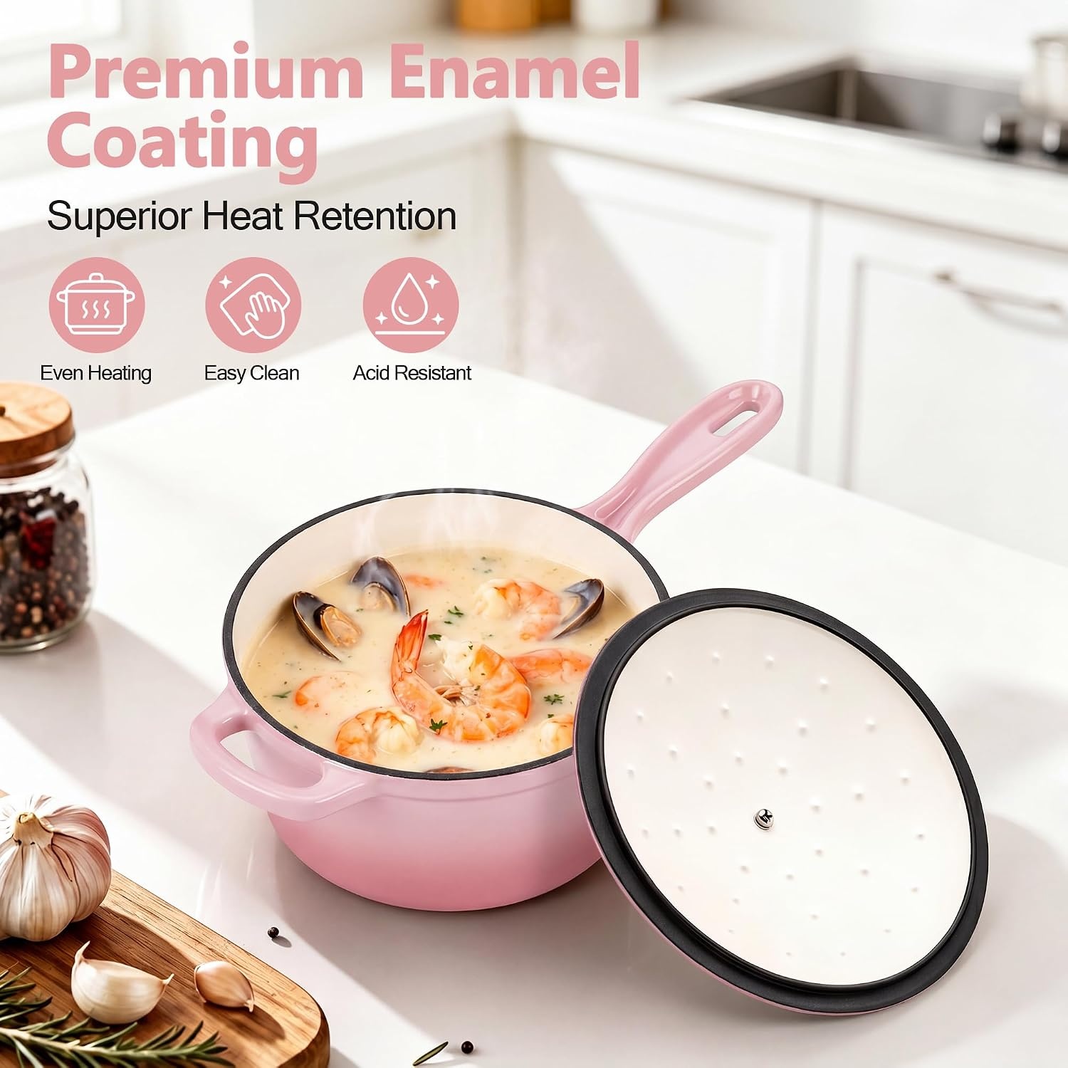 image:imageEfar Enameled Cast Iron Sauce Pan with Lid 1 Quart Dutch Oven Cooking PotPink